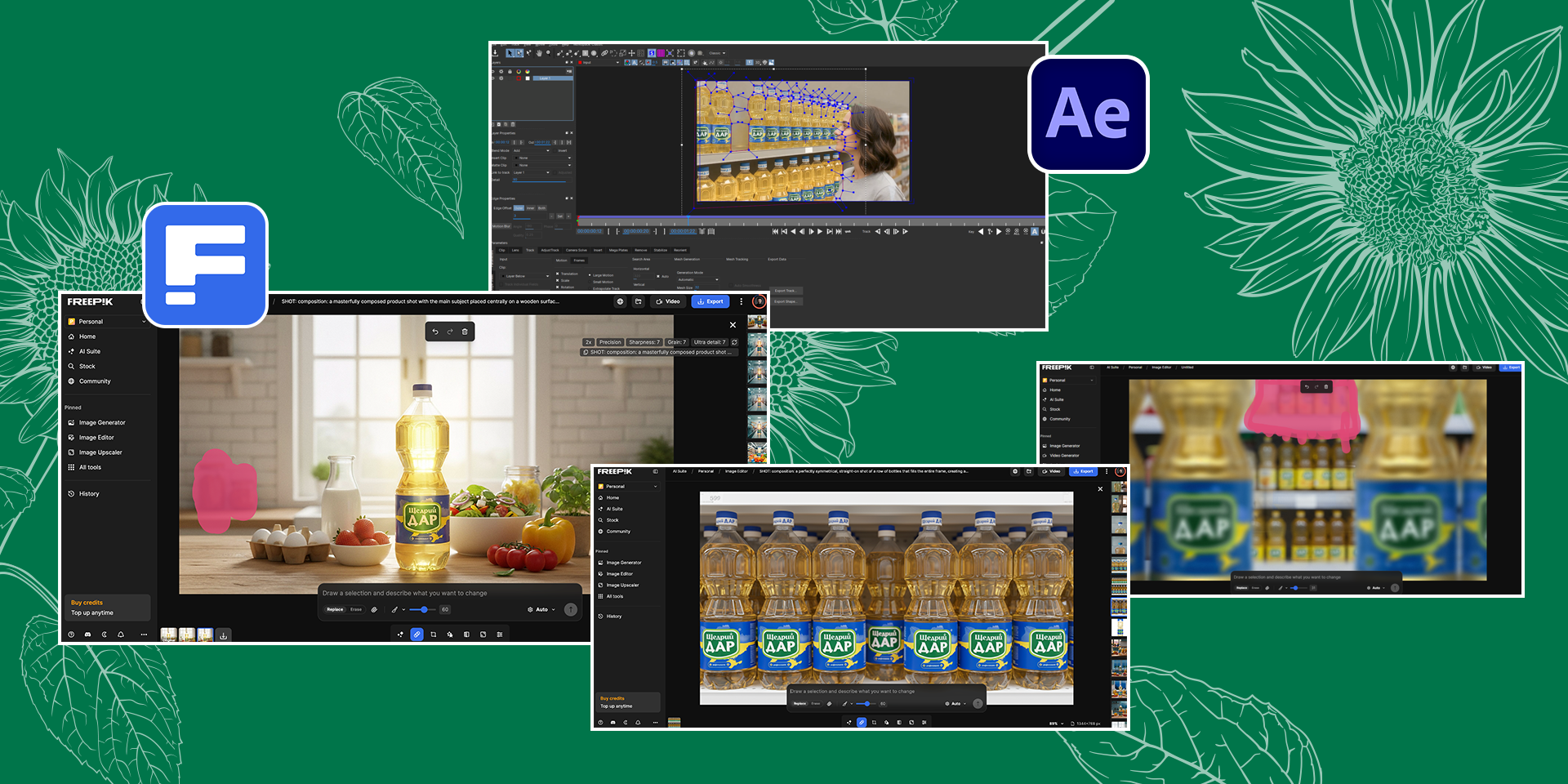 After Effects: трекінг етикеток на пляшках «Щедрий Дар» і чистка планів інпейнтингом