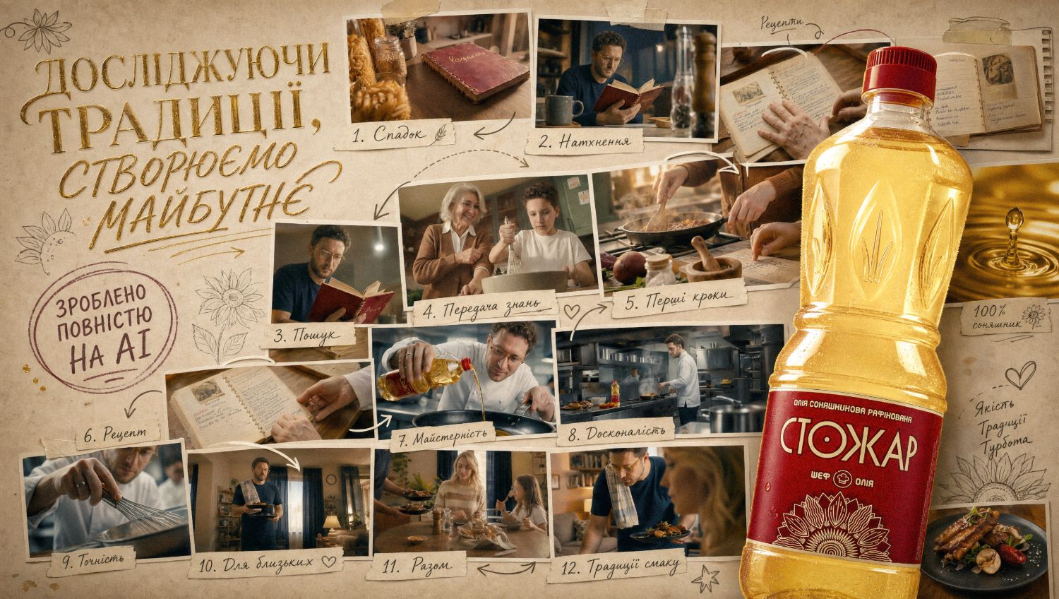 Колаж кадрів ролика Стожар зі слоганом «Досліджуючи традиції, створюємо майбутнє» та пляшкою олії